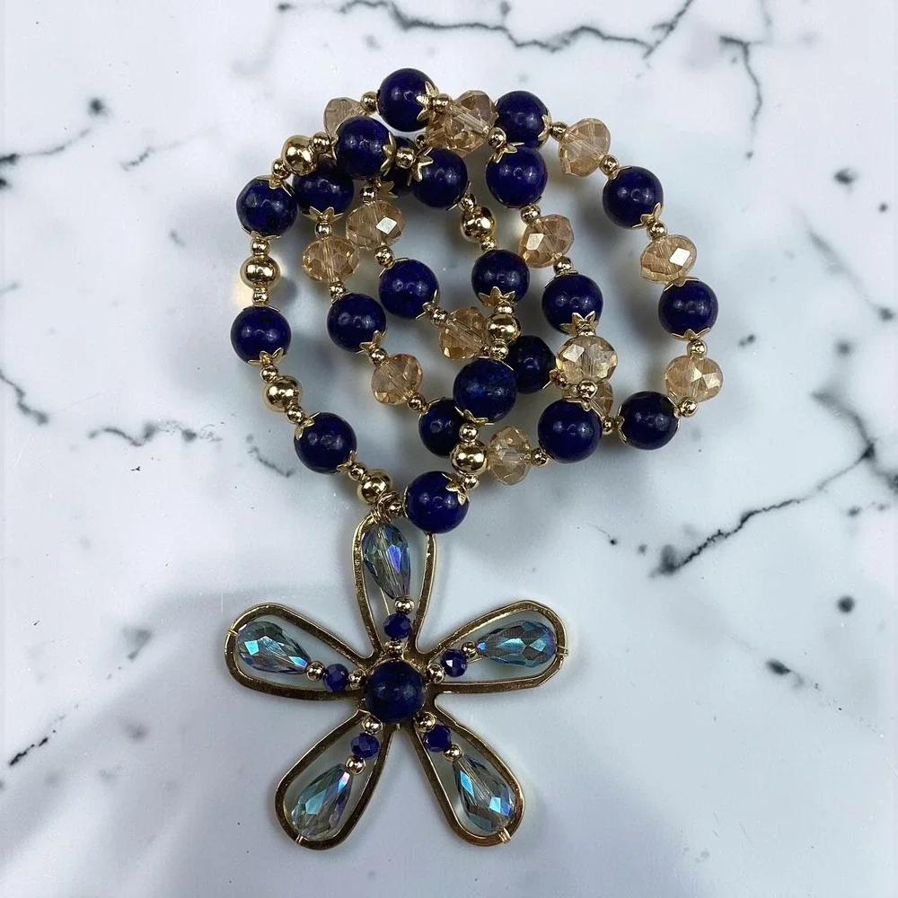 Handmade Mexican 3 Stretch Bracelets Lapis Lazuli Crystal Gold Flower Charm Blue